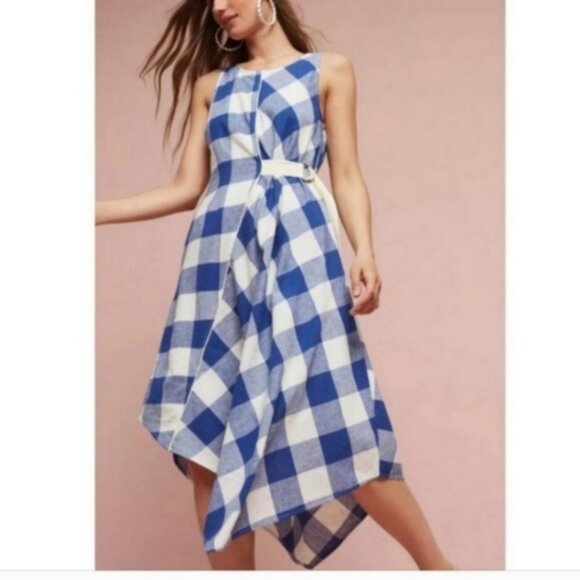 Anthropologie Maeve Blue/White Belted Gingham Dress. Size Small. Wrap dres - Picture 2 of 8